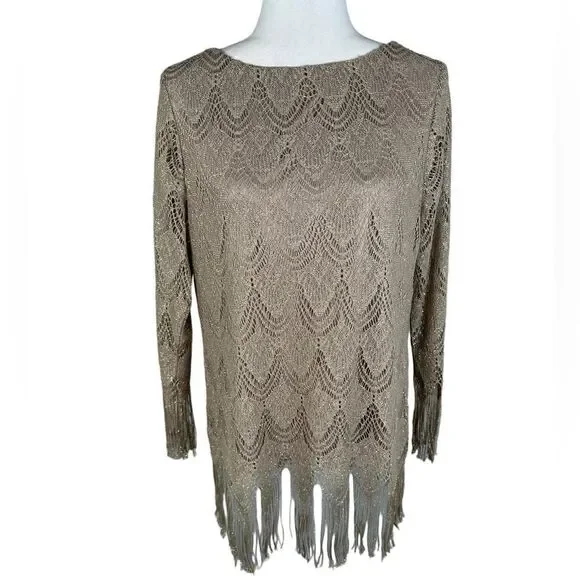 Chico’s Gold Metallic Scalloped Fringe Trim Dressy Top - Picture 5 of 11